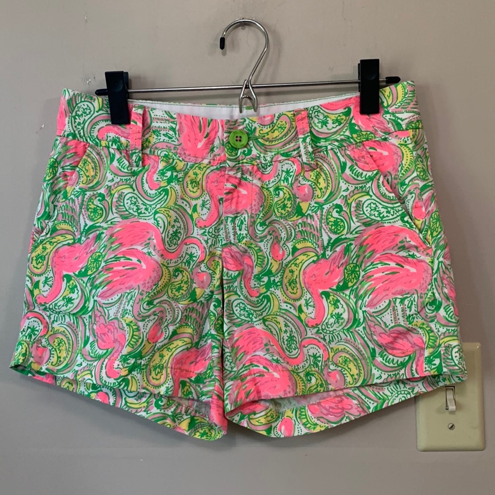 Lilly Pulitzer 100% Cotton The Callahan Short Size 2 Green Flamingo EUC